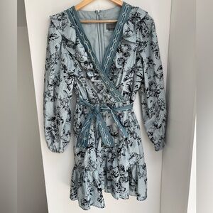 Anthropologie sz large blue patterned long sleeve tunic / minidress w/ ruffles